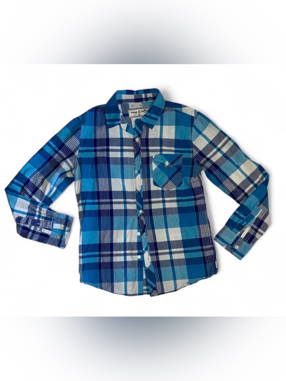 Men’s Blue Plaid Button-Up Shirt – Size Small